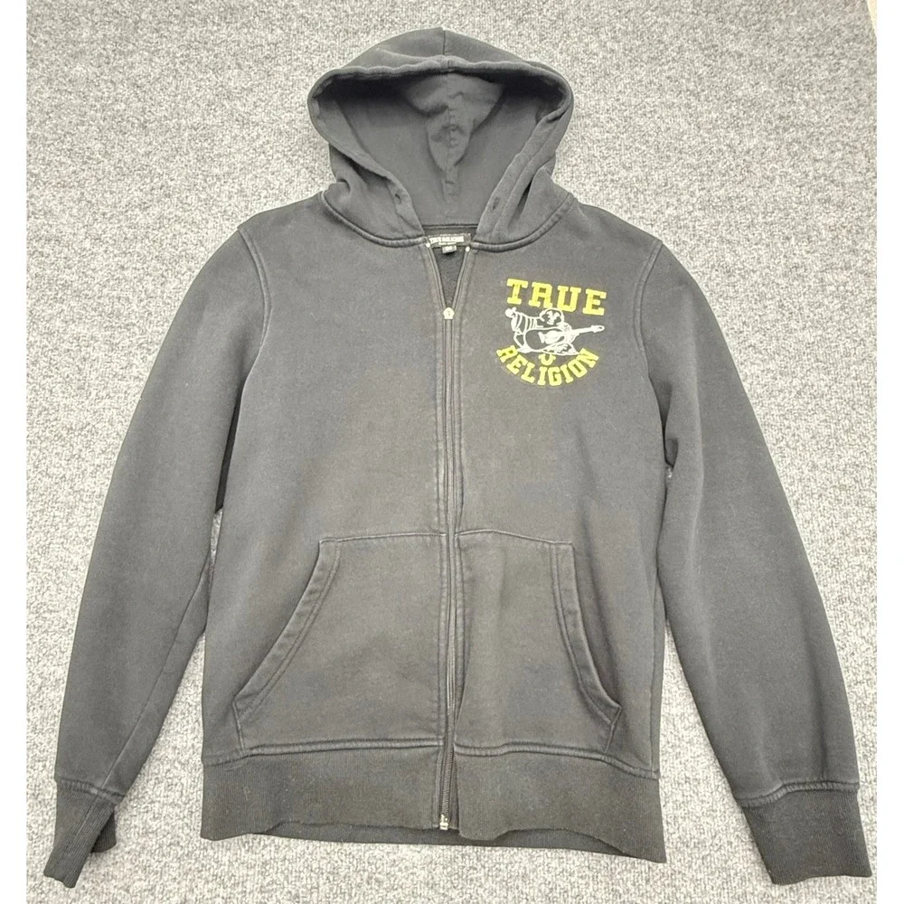 True Religion Mens Buddha Logo Zip Up Hoodie Black Gold‎ Graphic Sweatshirt S